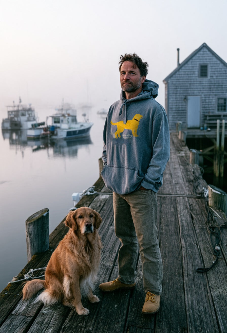 Man in the Yellow Dog Washed Denim Hoodie on a foggy New England dock with a golden retriever