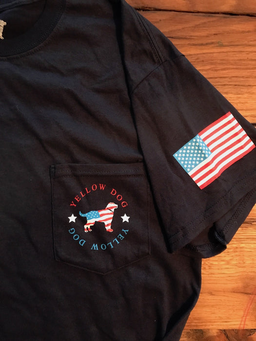 Yellow Dog Retriever T-shirt: Short Sleeve American Flag USA